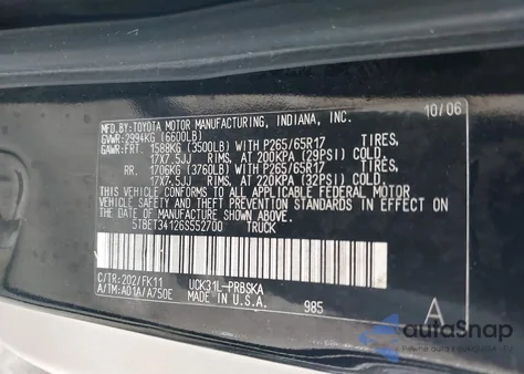 2006 Toyota Tundra Sr5 V8 from USA, damaged, VIN 5TBET34126S552700